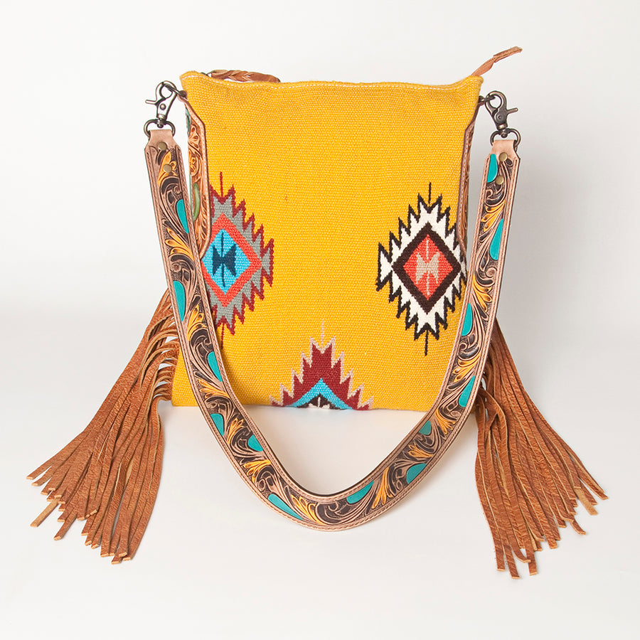 American Darling Cross body Bag Hand Woven Saddle Blanket Hand Tooled Western Leather Purse with Fringes 15in x 15in x 3in