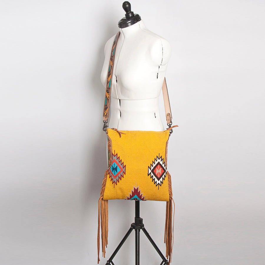 American Darling Cross body Bag Hand Woven Saddle Blanket Hand Tooled Western Leather Purse with Fringes 15in x 15in x 3in