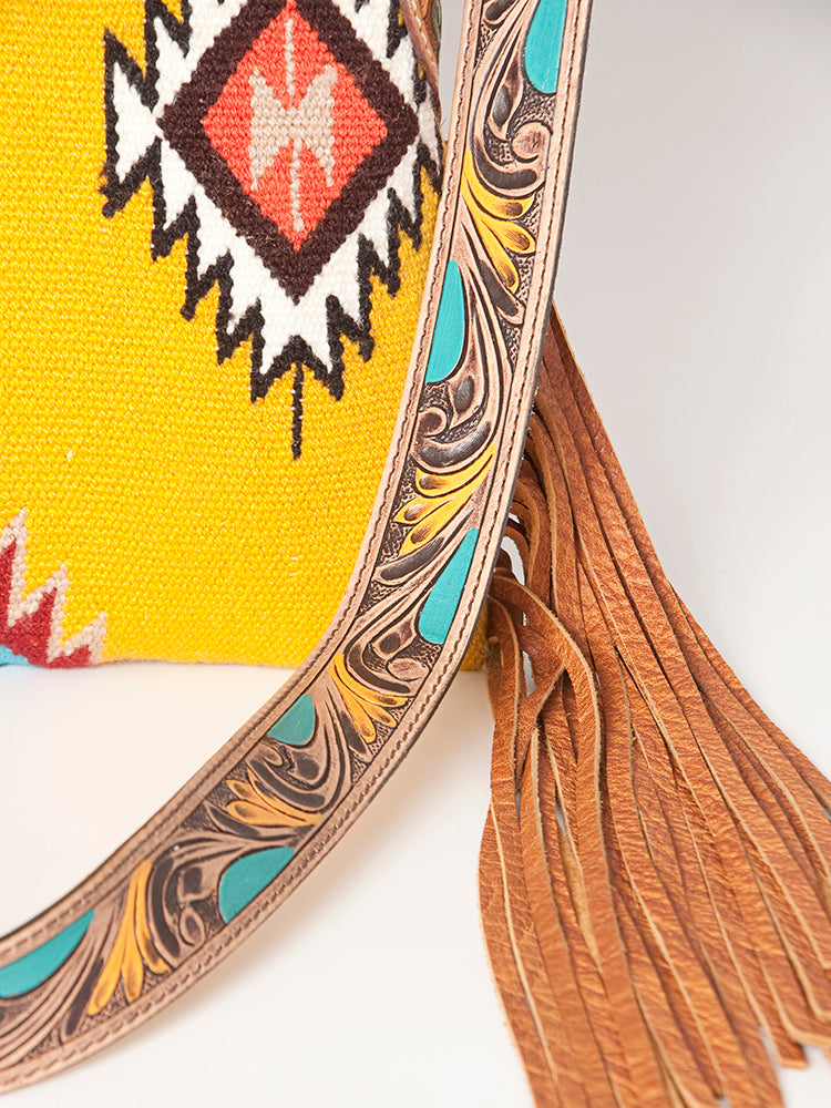 American Darling Cross body Bag Hand Woven Saddle Blanket Hand Tooled Western Leather Purse with Fringes 15in x 15in x 3in