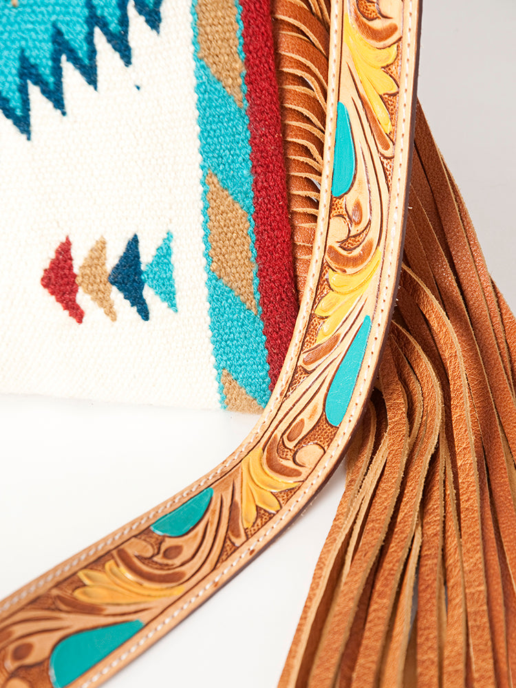 American Darling Cross body Bag Hand Woven Saddle Blanket Hand Tooled Western Leather Purse with Fringes 15in x 15in x 3in