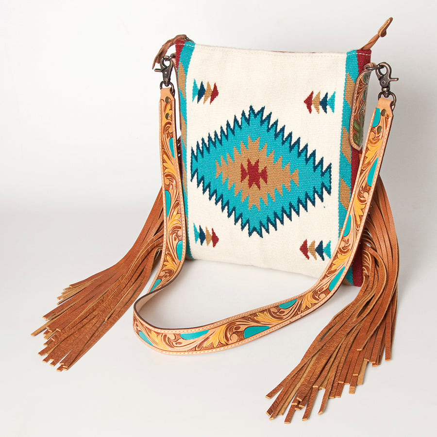 American Darling Hand Woven Saddle Blanket Western Leather Cross body Bag with Fringes - Uhorse
