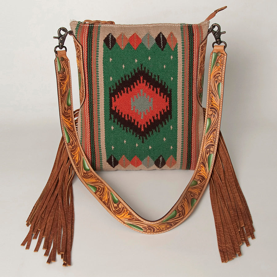 American Darling Cross body Bag Hand Woven Saddle Blanket Hand Tooled Western Leather Purse with Fringes 15in x 15in x 3in