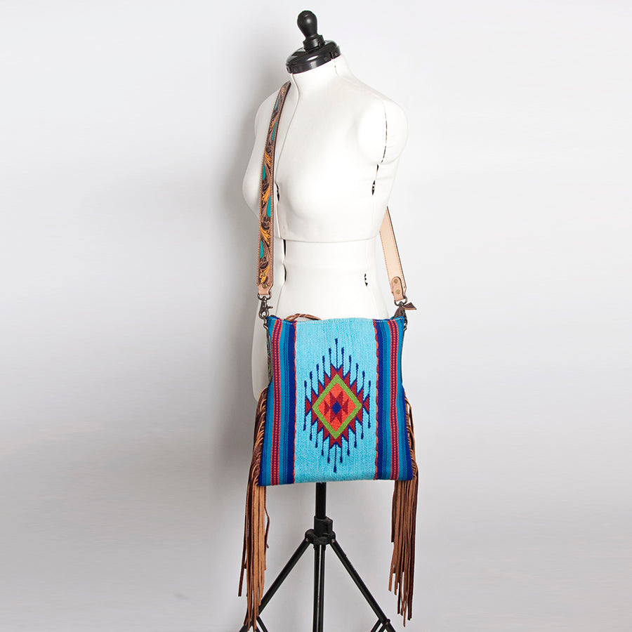American Darling Cross body Bag Hand Woven Saddle Blanket Hand Tooled Western Leather Purse with Fringes 15in x 15in x 3in