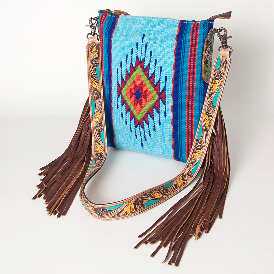American Darling Hand Woven Saddle Blanket Western Leather Cross body Bag with Fringes - Uhorse