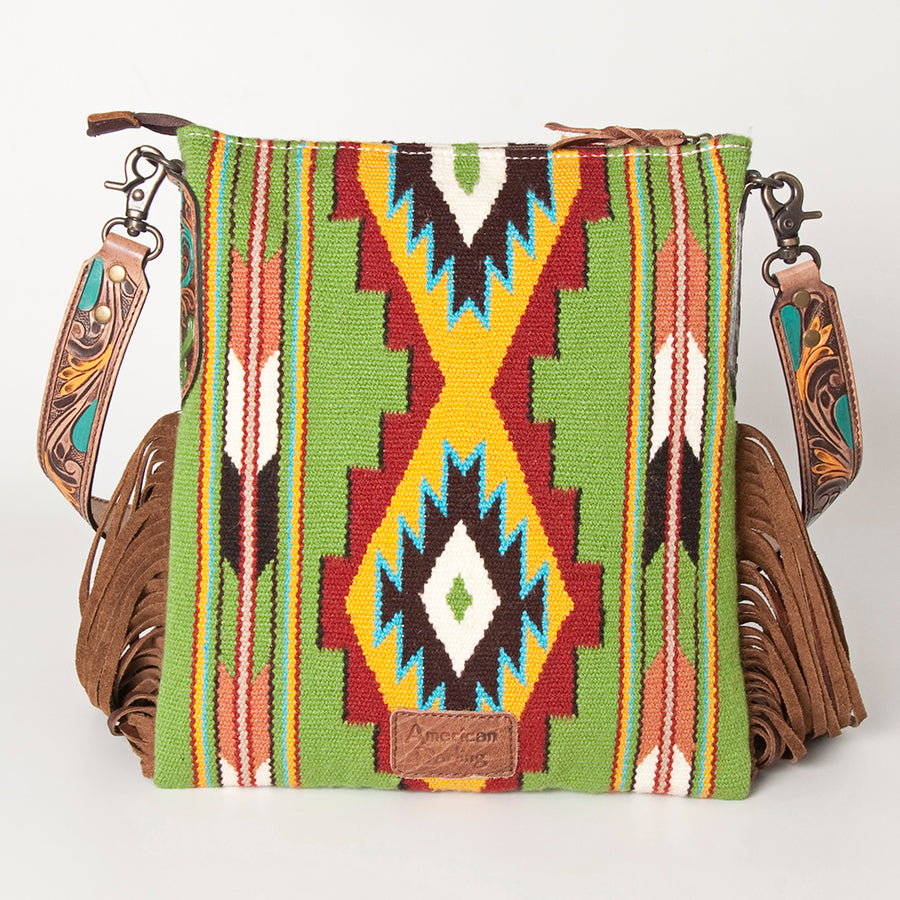 American Darling Cross body Bag Hand Woven Saddle Blanket Hand Tooled Western Leather Purse with Fringes 15in x 15in x 3in