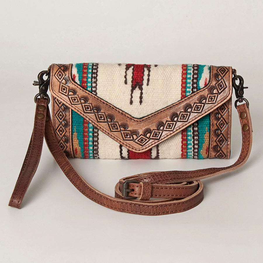 American Darling Envelope Western Hand Tooled Genuine Leather and Saddle Blanket Purse with Wristlet and YKK Zipper