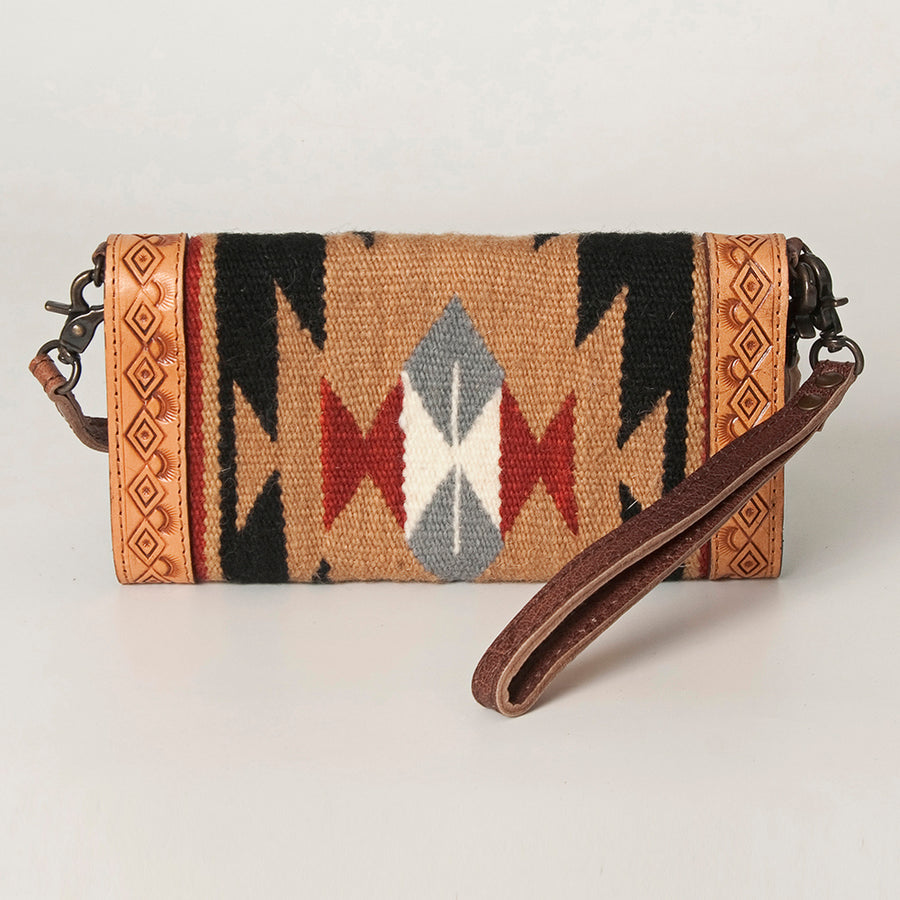 American Darling Envelope Western Hand Tooled Genuine Leather and Saddle Blanket Purse with Wristlet and YKK Zipper