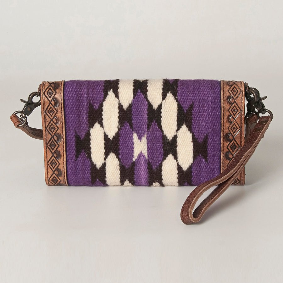 American Darling Envelope Western Hand Tooled Genuine Leather and Saddle Blanket Purse with Wristlet and YKK Zipper