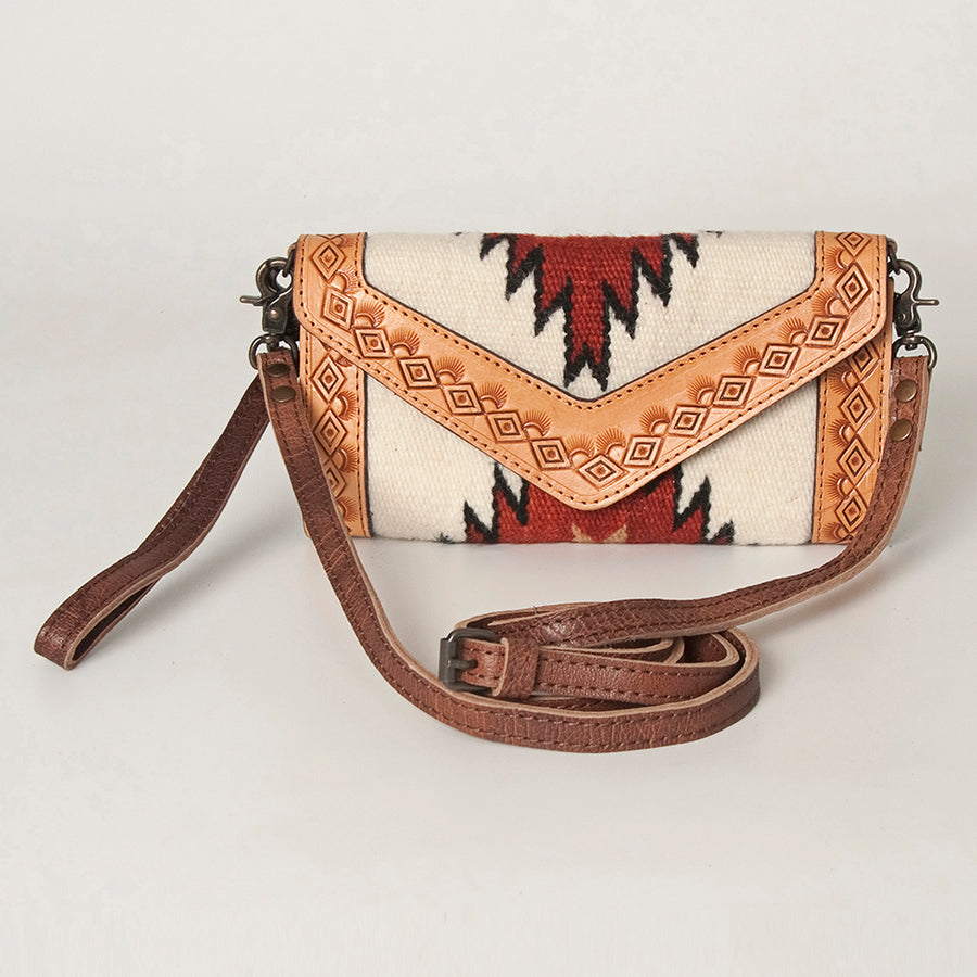 American Darling Envelope Western Hand Tooled Genuine Leather and Saddle Blanket Purse with Wristlet and YKK Zipper
