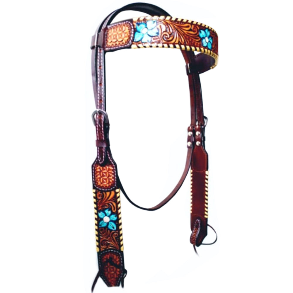 Bar H Equine Horse Leather Turquoise Floral Hand Painted One Ear Headstall Brown