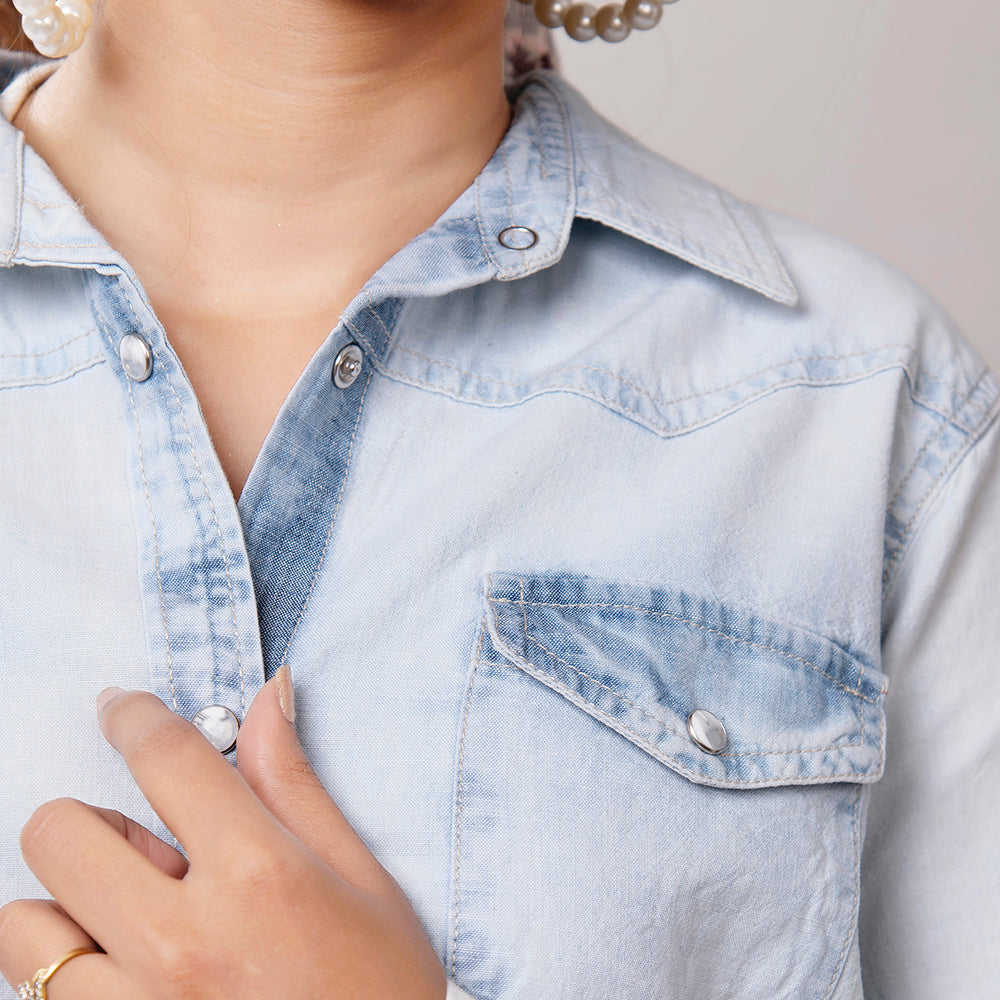 American Darling Leather Hand Tooled Carved Women Denim Shirt Jacket