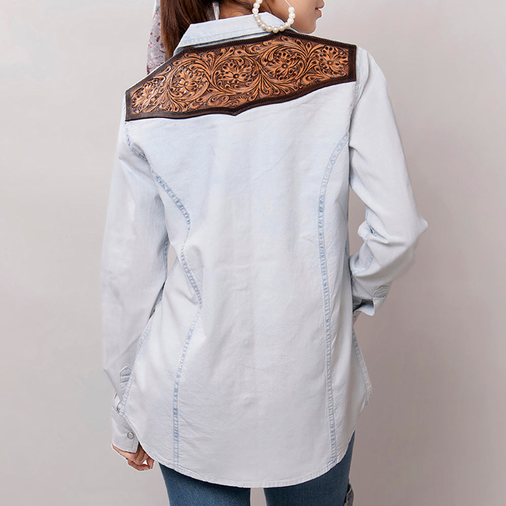 American Darling Leather Hand Tooled Carved Women Denim Shirt Jacket