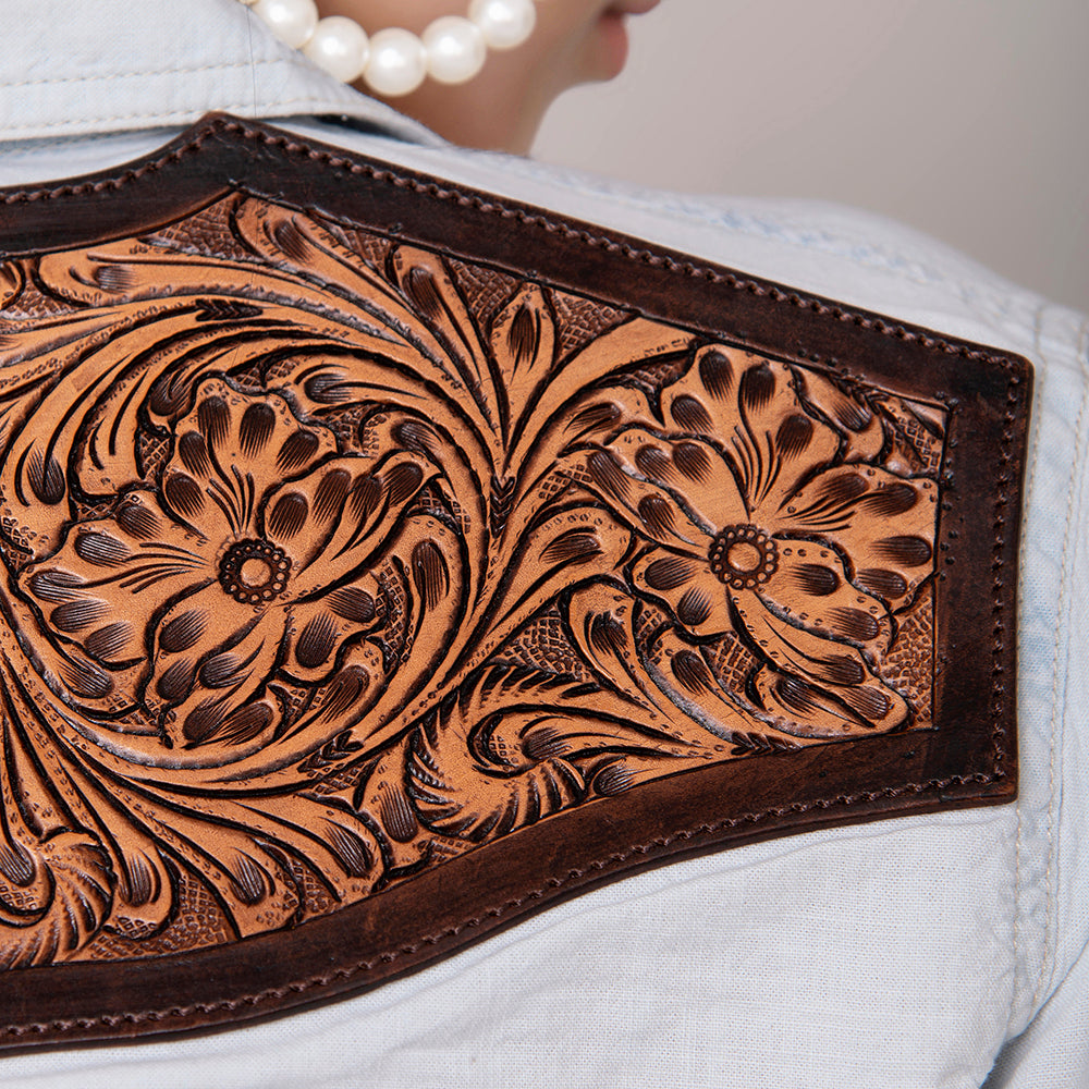 American Darling Leather Hand Tooled Carved Women Denim Shirt Jacket