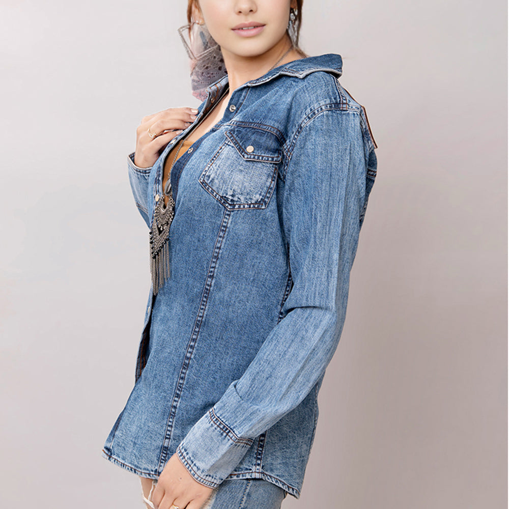 American Darling Leather Hand Tooled Carved Women Denim Shirt Jacket