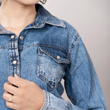American Darling Leather Hand Tooled Carved Women Denim Shirt Jacket