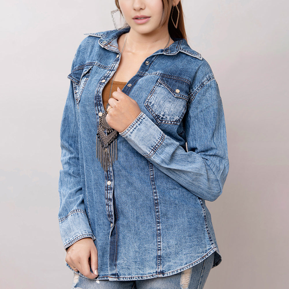American Darling Leather Hand Tooled Carved Women Denim Shirt Jacket