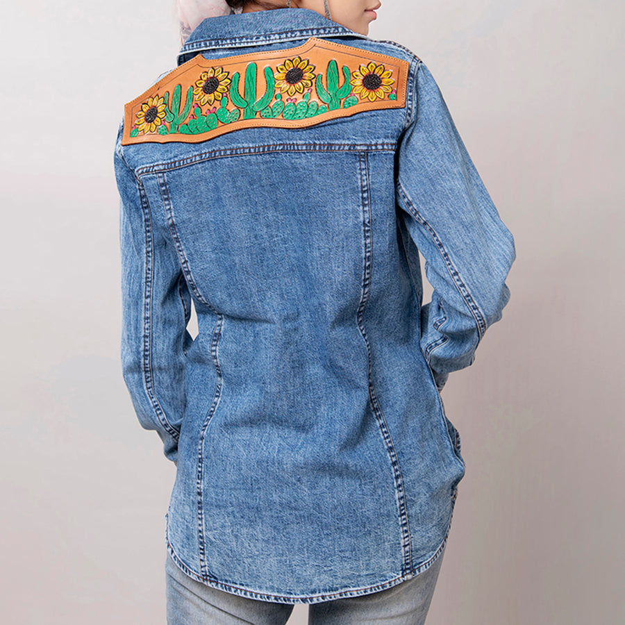 Genuine leather Hand tooled hand carved Women 100% cotton Denim shirt jacket dress ladies girl - Uhorse
