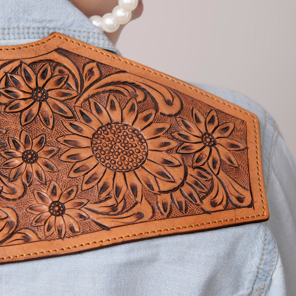 American Darling Leather Hand Tooled Carved Women Denim Shirt Jacket