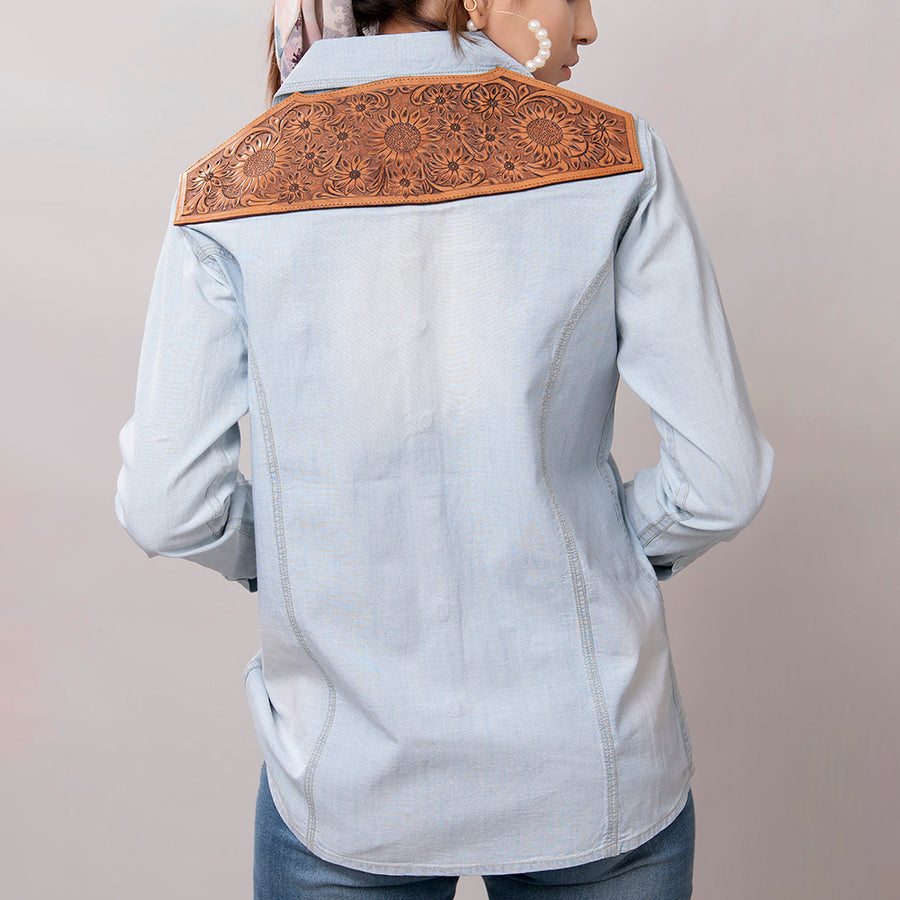 Genuine leather Hand tooled hand carved Women 100% cotton Denim shirt jacket dress ladies girl - Uhorse