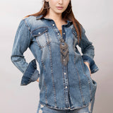 American Darling Leather Hand Tooled Carved Women Denim Shirt Jacket
