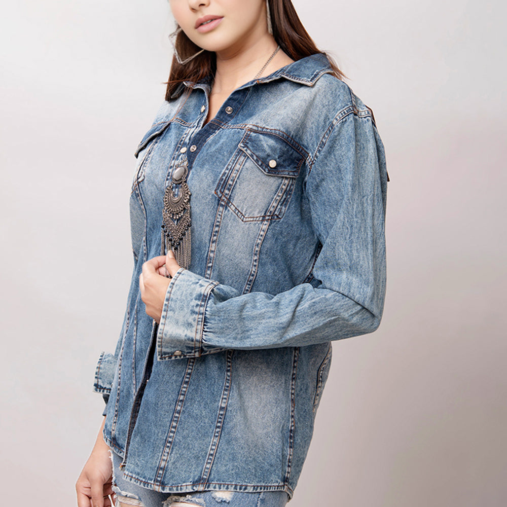 American Darling Leather Hand Tooled Carved Women Denim Shirt Jacket