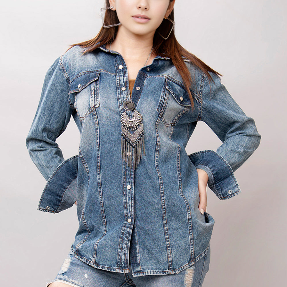 American Darling Leather Hand Tooled Carved Women Denim Shirt Jacket