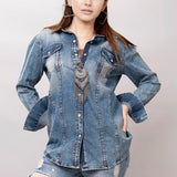 American Darling Leather Hand Tooled Carved Women Denim Shirt Jacket