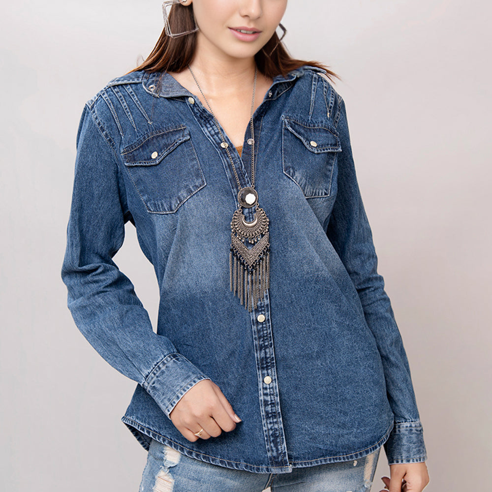American Darling Leather Hand Tooled Carved Women Denim Shirt Jacket