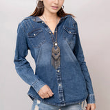 American Darling Leather Hand Tooled Carved Women Denim Shirt Jacket