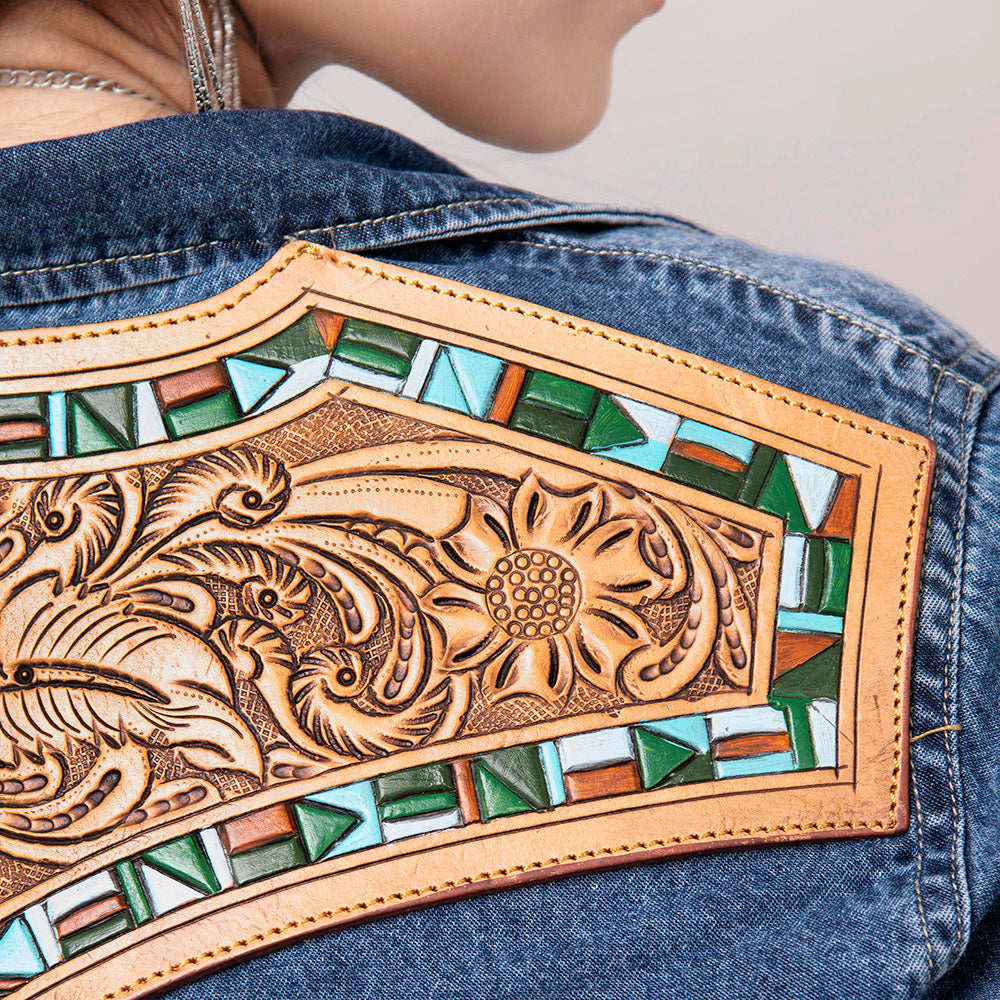 American Darling Leather Hand Tooled Carved Women Denim Shirt Jacket