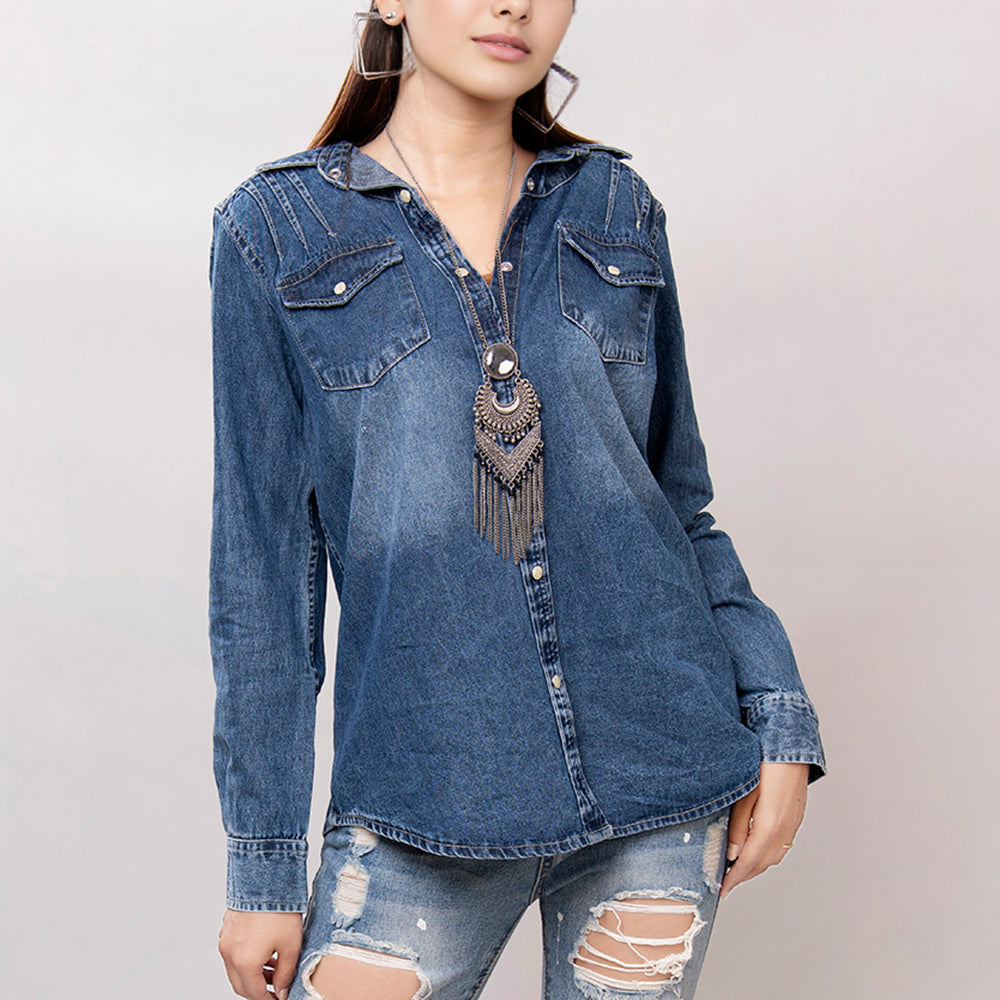 American Darling Leather Hand Tooled Carved Women Denim Shirt Jacket