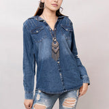 American Darling Leather Hand Tooled Carved Women Denim Shirt Jacket