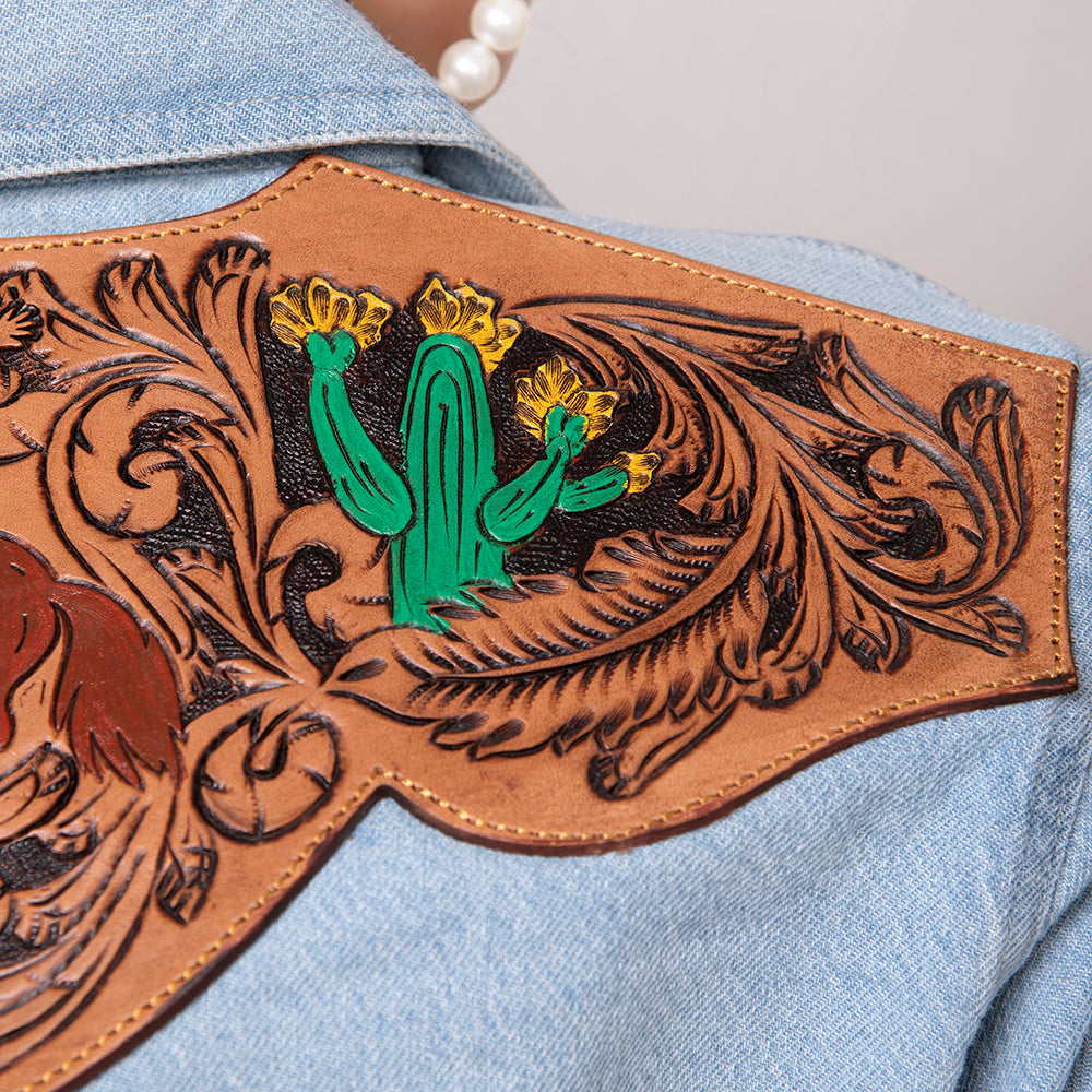 American Darling Leather Hand Tooled Carved Women Denim Shirt Jacket