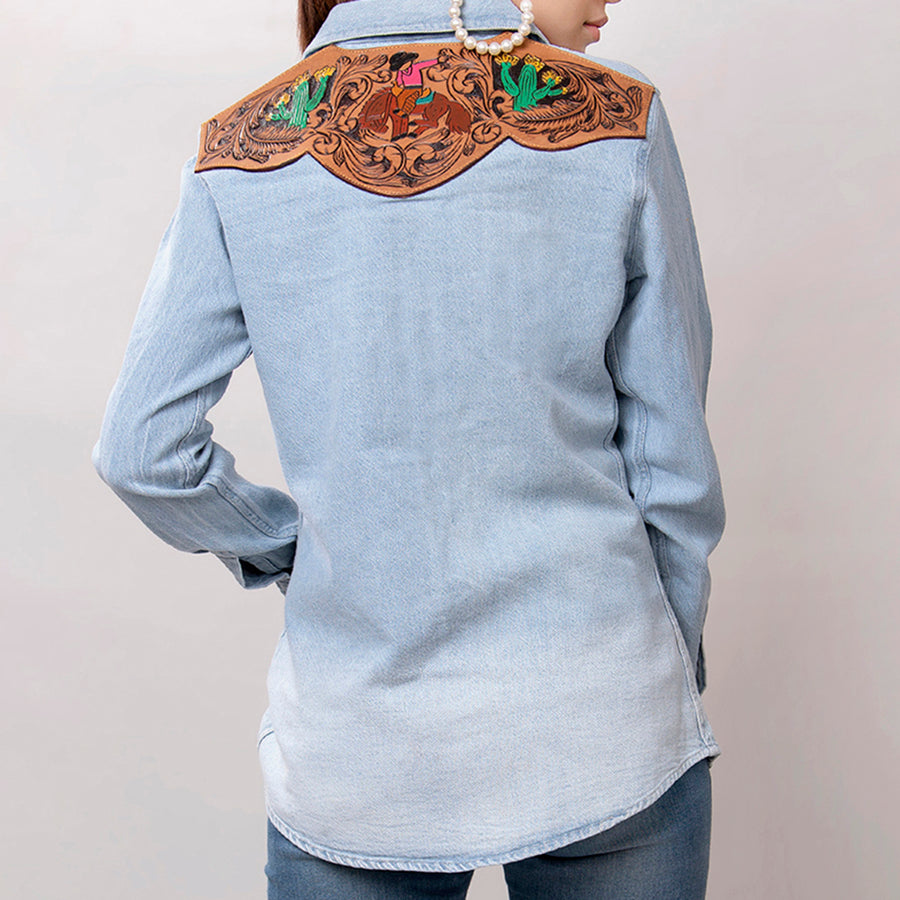 American Darling Genuine leather Hand tooled carved Women 100% cotton Denim Blazer dress jacket ladies |Vintage