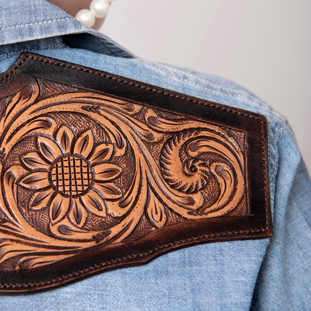 American Darling Leather Hand Tooled Carved Women Denim Shirt Jacket