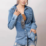 American Darling Leather Hand Tooled Carved Women Denim Shirt Jacket
