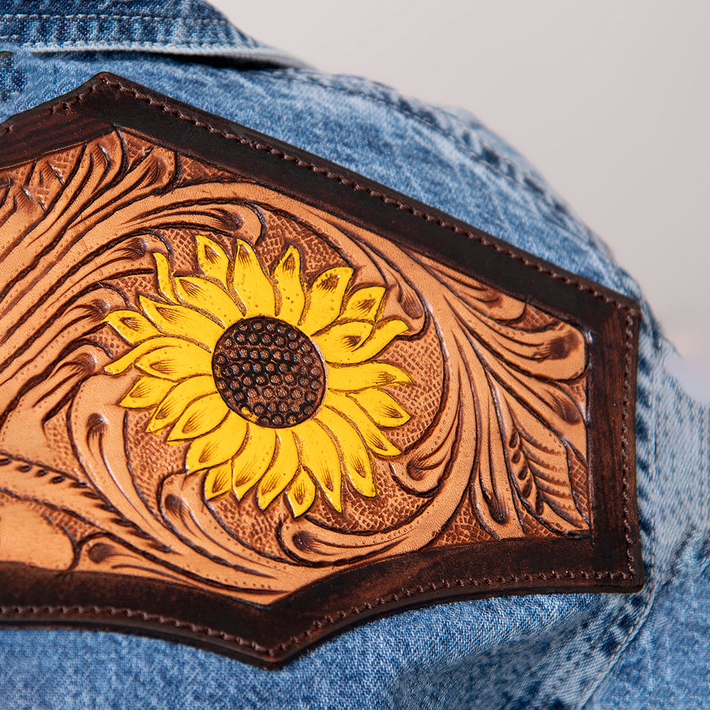 American Darling Leather Hand Tooled Carved Women Denim Shirt Jacket