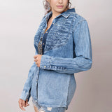 American Darling Leather Hand Tooled Carved Women Denim Shirt Jacket