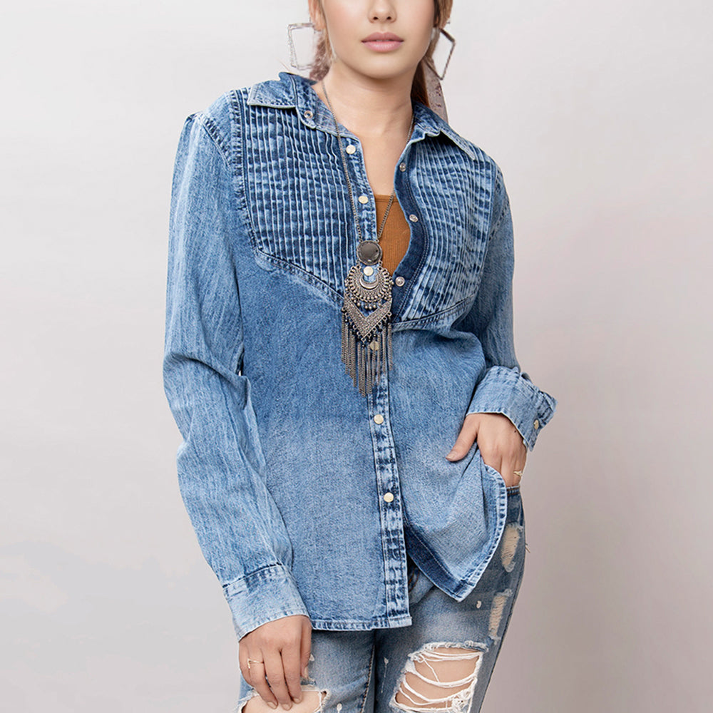 American Darling Leather Hand Tooled Carved Women Denim Shirt Jacket