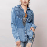 American Darling Leather Hand Tooled Carved Women Denim Shirt Jacket