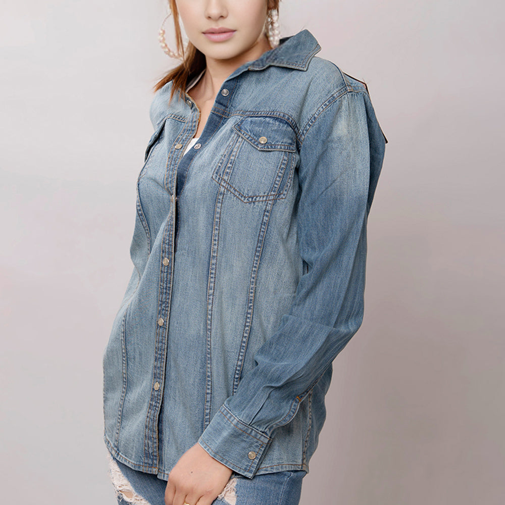 American Darling Leather Hand Tooled Carved Women Denim Shirt Jacket