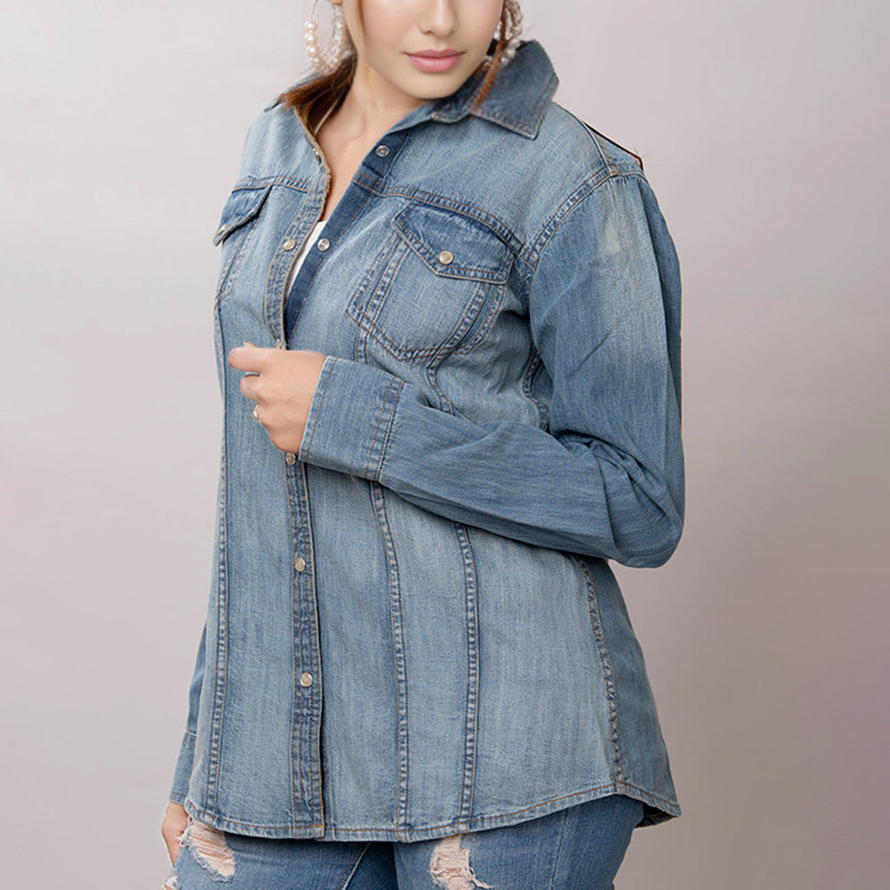 American Darling Leather Hand Tooled Carved Women Denim Shirt Jacket