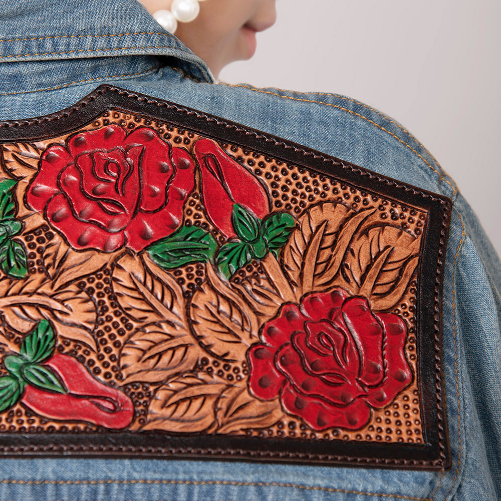 American Darling Leather Hand Tooled Carved Women Denim Shirt Jacket
