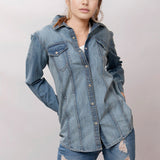 American Darling Leather Hand Tooled Carved Women Denim Shirt Jacket