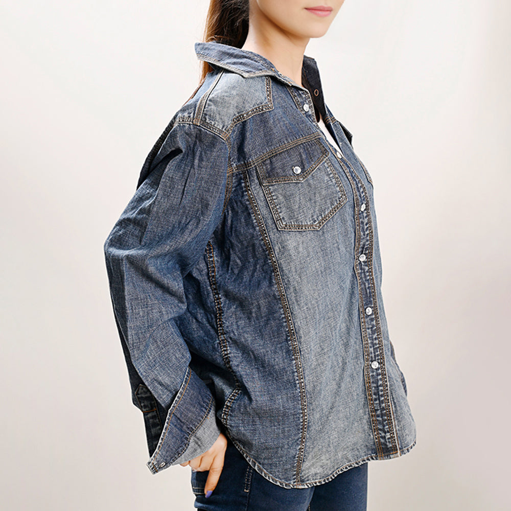 American Darling Leather Hand Tooled Carved Women Denim Shirt Jacket