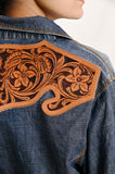 American Darling Leather Hand Tooled Carved Women Denim Shirt Jacket