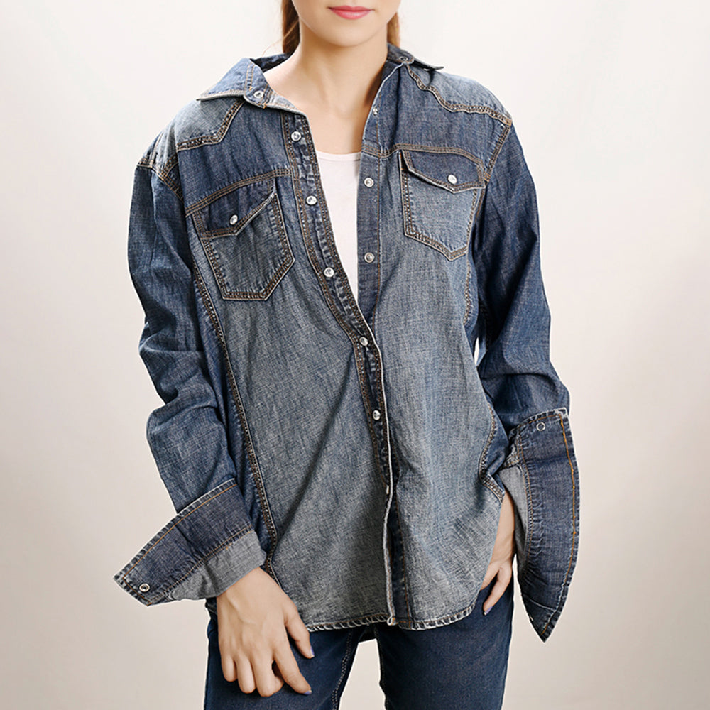 American Darling Leather Hand Tooled Carved Women Denim Shirt Jacket