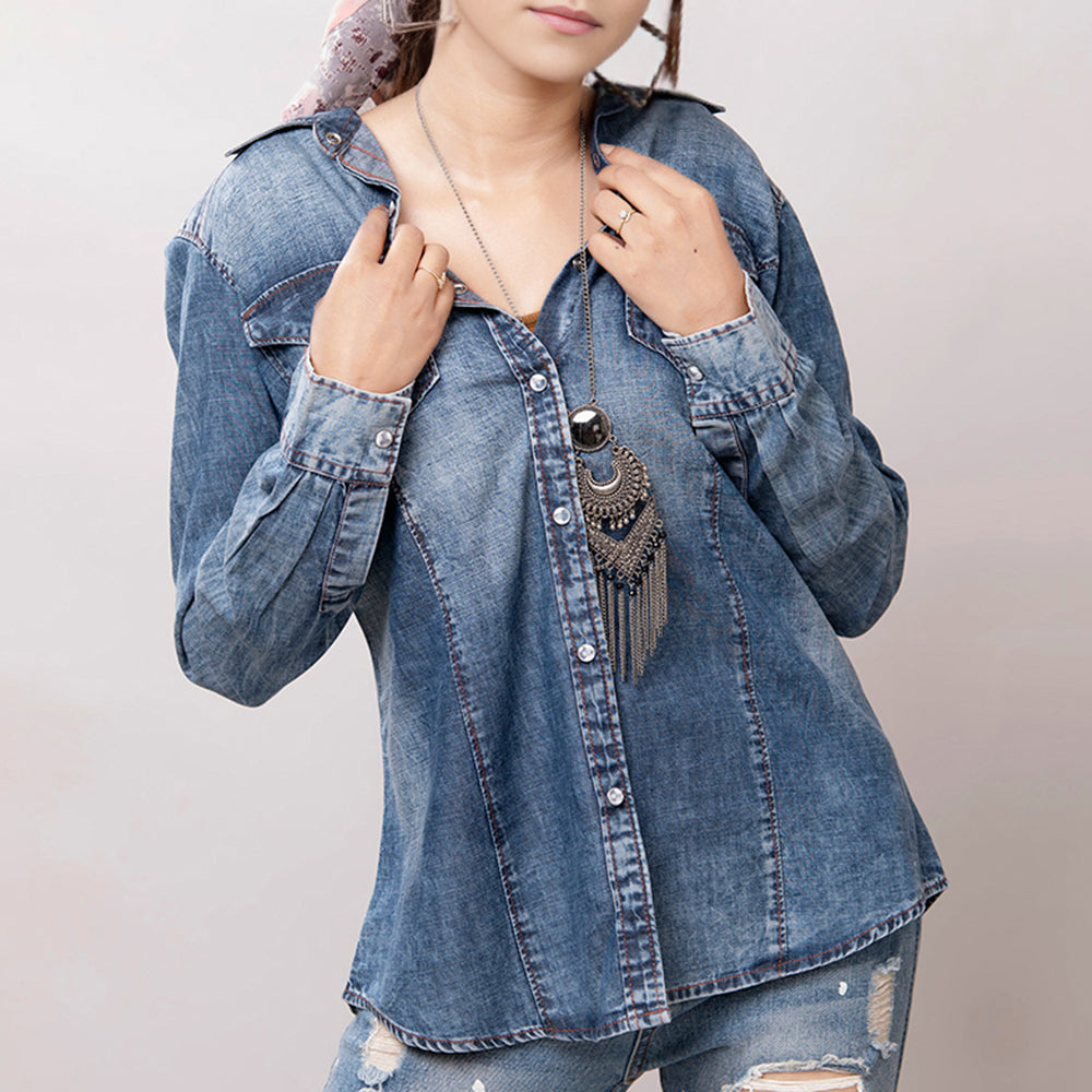 American Darling Leather Hand Tooled Carved Women Denim Shirt Jacket