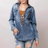 American Darling Leather Hand Tooled Carved Women Denim Shirt Jacket
