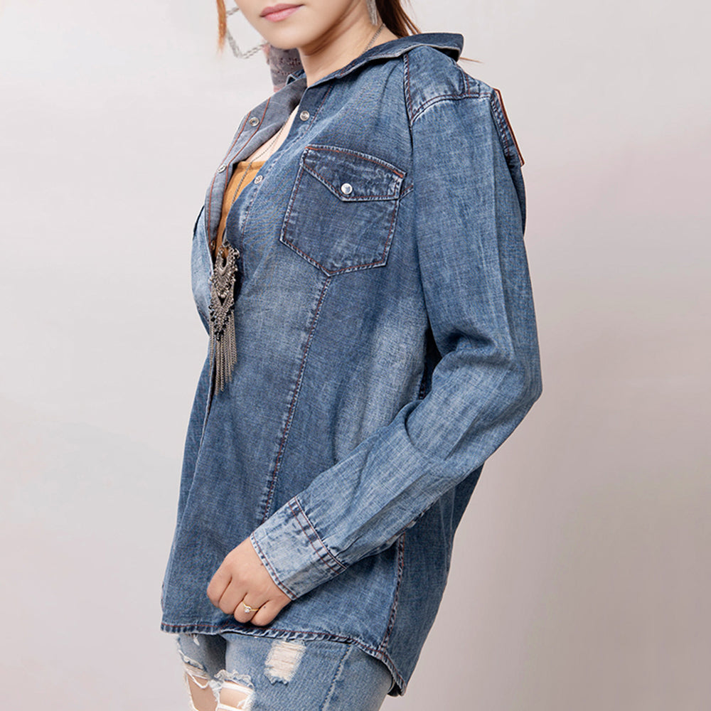 American Darling Leather Hand Tooled Carved Women Denim Shirt Jacket